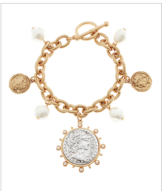 Chunky Coin & Pearl Charm Bracelet