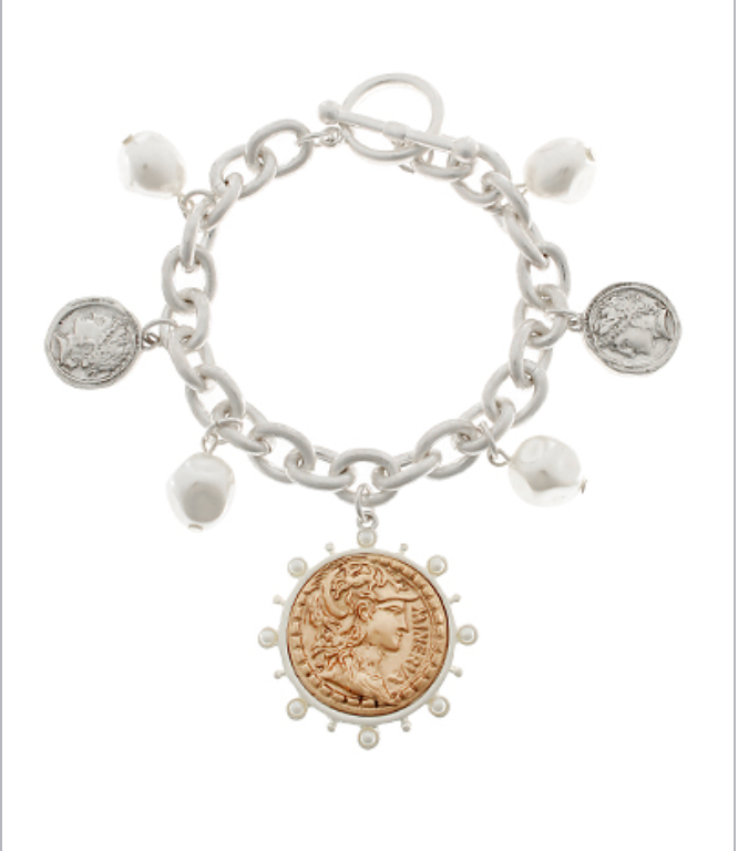 Chunky Coin & Pearl Charm Bracelet