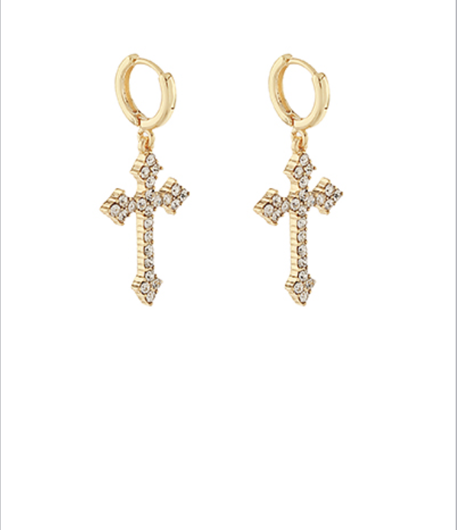 Pave Glass Cross Dangling Hoops
